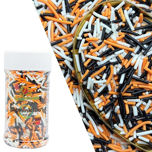 CandiJumpin Black White and Orange Jimmy Sprinkles, Halloween Sprinkles for Cake Decorating Edible Cake Jimmies Edible Crunchy Jimmies Ice Cream Toppings, Baby Shower Party Halloween Christmas Supplies 3 OZ