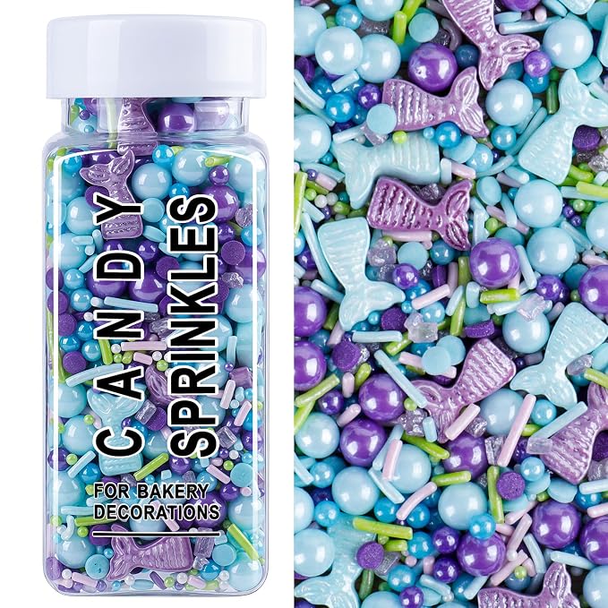 Mermaid Sprinkles for Cake Decorating, 4.6oz Blue and Purple Ocean Sprinkles with Jimmies Pearls Confetti and Tails for Ice Cream Cupcakes Brownie Cookie Baking Topping