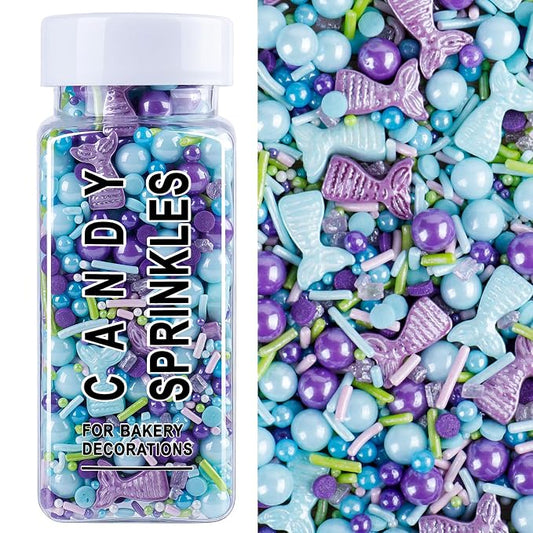 Mermaid Sprinkles for Cake Decorating, 4.6oz Blue and Purple Ocean Sprinkles with Jimmies Pearls Confetti and Tails for Ice Cream Cupcakes Brownie Cookie Baking Topping