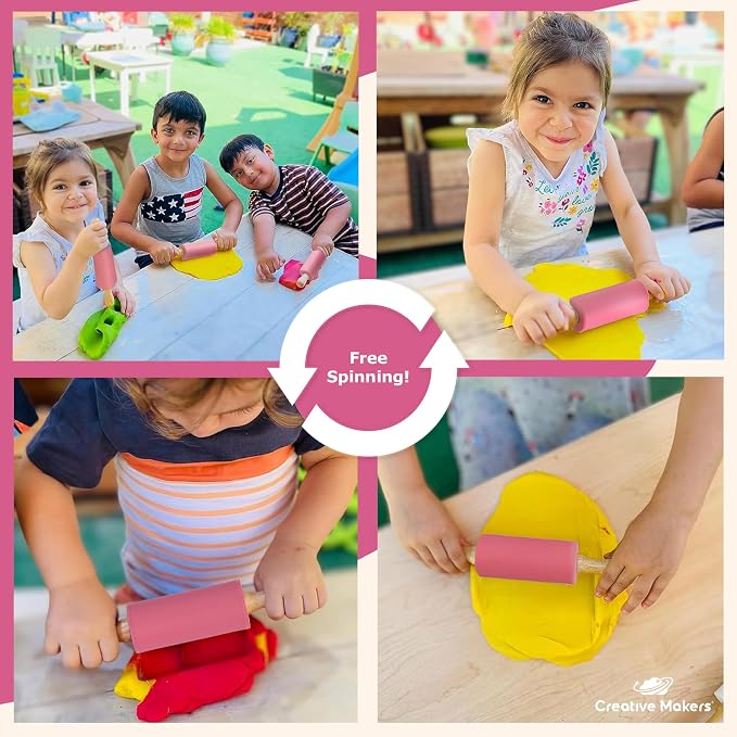 Small Rolling Pin for Kids, Non-Stick Silicone Surface with Wooden Handles for Play Dough and Baking Rolling Pin (Hot Pink)