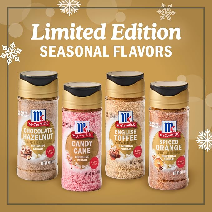 McCormick Finishing Sugar Variety Pack, Limited Edition, Includes Seasonal Winter Flavors Like Chocolate Hazelnut, Candy Cane, English Toffee, and Spiced Orange, For Baking & Beverages, 14.82 oz