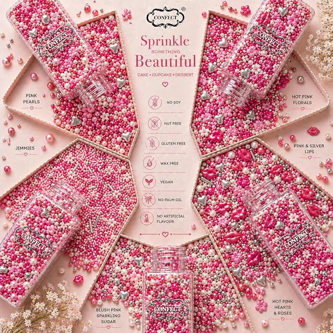 Handcrafted Pink Mini Roses, Silver Hearts, Vermicelli & White Pearls - Vegan, Gluten-Free, Nut-Free, Soy-Free, Dairy-Free Cake & Baking Sprinkles - Perfect for Anniversaries & Special Occasions - 5 Oz