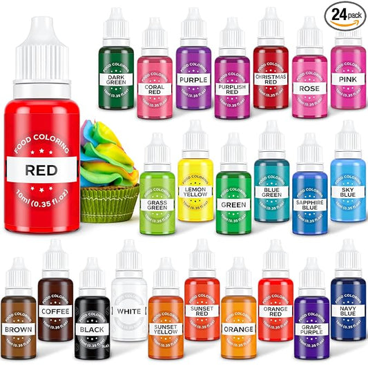 Food Coloring Set - 24 Color Food Grade Vibrant Food Dye Tasteless Liquid Color for Cake Decorating Baking Easter Egg Icing Fondant Cooking Slime Making DIY Supplies Kit - 0.35 Fl. oz (10 ml)/Bottles