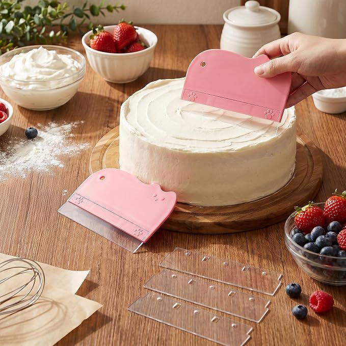 12Pcs Cake Scraper Smoother Scraper Set, Alisador de Acetato Para Pasteles - 2 Pink ABS+PVC Scrapers with 10 Transparent Blades for Baking and Decorating