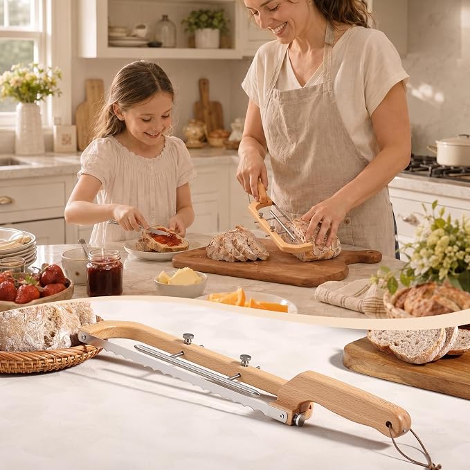 Tievo Adjustable Bread Knife, 5 Thickness Settings Bread Slicer with Guide for Sourdough & Homemade Bread, Bow Knife for Even Slices, Gift for Sourdough Bakers