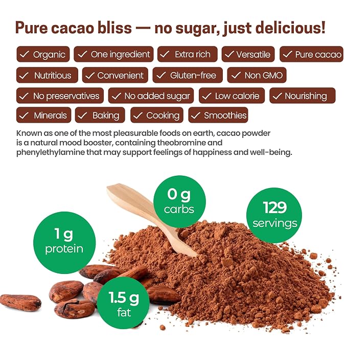 Z Natural Foods Organic Cacao Powder, Nutrition-Packed, Extra-Rich Dark Chocolate Flavor, Perfect for Chocolate Recipes, Shakes, or Smoothies, Non-GMO, Vegan, Gluten-Free, Kosher, 2 lbs