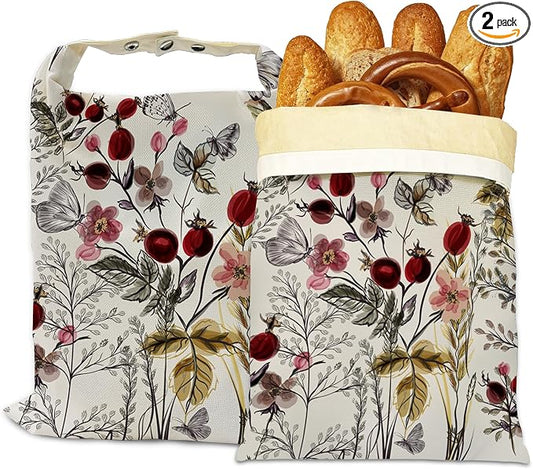 Bread Bags for Homemade Bread- Vintage Flower Butterfly 2 Pack Linen and Beeswax Sourdough Storage Bags, Reusable Keeper, Keeps Breads Fresh Longer, Gifts for Bakers