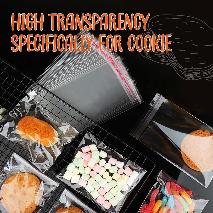 3x5 Inches Self Sealing Cellophane Bags, 200 Pcs Clear Cookie Bags, Resealable Treat Bag for Fresh Cookies, Candy, Gifts, and Party Favors Bag.