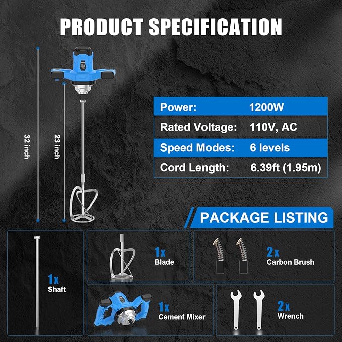 AZZUNO Cement Mixer Electric Concrete Mixer Machine 110V Handheld Mud Mixer with 6 Adjustable Speed for Mixing Concrete, Cement, Mud, Mortar, Putty, Paint (Dark Blue)