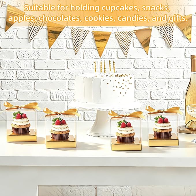 50 Pcs God Clear Plastic Cupcake Boxes, Individual 3.5 Inch Single Holder Containers with Insert and Ribbon, Paper Base for Wedding, Birthday, Party Favor Gift