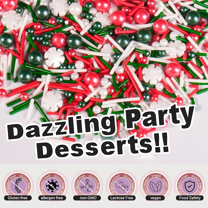 HUEBEATY 6-in-1 Christmas Red and Green Sprinkles for Cookies Baking - 180g Nonpareils, Jimmies, Christmas Tree & Sugar Sprinkles, Holiday Santa Sprinkles Bulk for Cakes, Cupcakes, Hot Chocolate Decorating