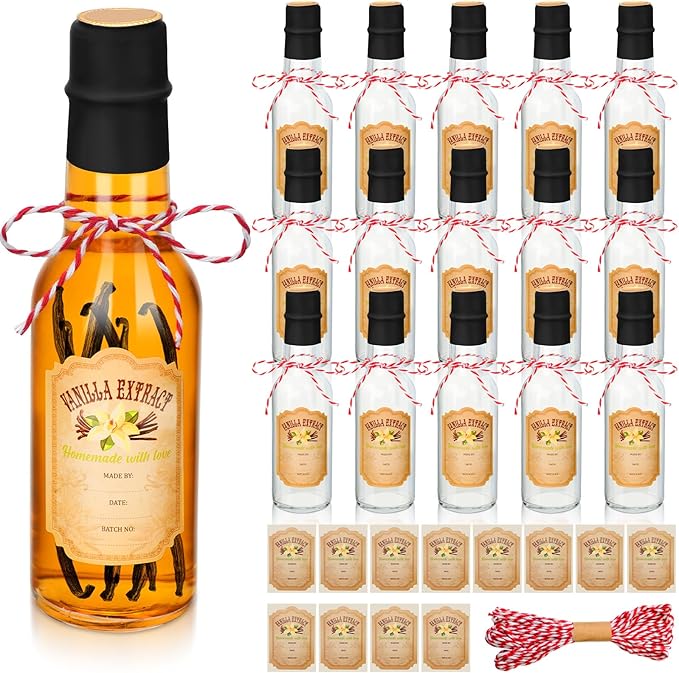 Tioncy 16 Pcs Empty Vanilla Extract Bottles for Homemade Vanilla Jar Glass Bottle with Cap, Shrink Band, Sticker DIY Crafts Wedding Gift Food Storage Canister for Bean(Black,5 oz)