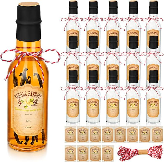 Tioncy 16 Pcs Empty Vanilla Extract Bottles for Homemade Vanilla Jar Glass Bottle with Cap, Shrink Band, Sticker DIY Crafts Wedding Gift Food Storage Canister for Bean(Black,5 oz)