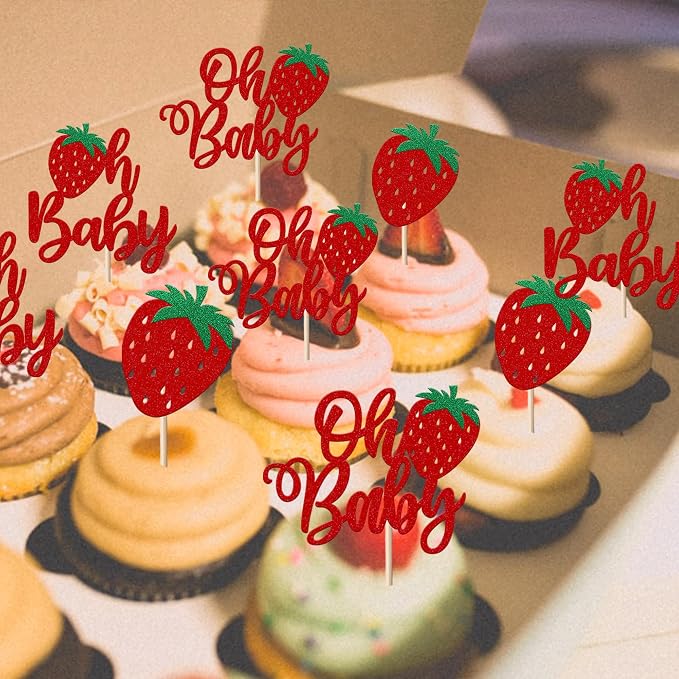 24 Pack Sweet Oh Baby Cupcake Toppers Glitter Oh Baby Strawberry Cupcake Picks Fruit Berry Cupcake Decorations for Summer Strawberry Baby Shower Kids Birthday Party Supplies Red