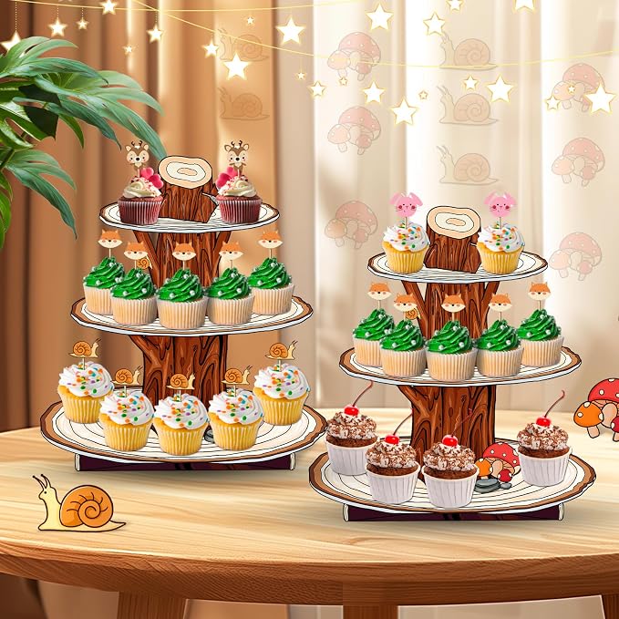 2 Pack Woodland Baby Shower Decorations Cupcake Stands: Cake Topper Stand Western Party Decors Supplies Favors, Baby Kids Boys Girls Birthday Safari Camping Mushroom Theme Cardboard Cupcake Holders