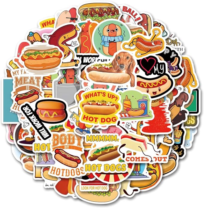 67Pcs Hot Dog Stickers,Delicious Food Party Favors Decorations,Vinyl Hot Dog Decals for Laptop Scrapbook Journal Skateboard GOG Party Favors (67pcs)