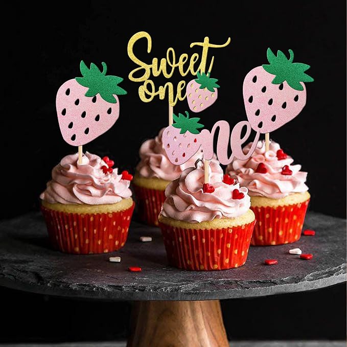 24 PCS Strawberry 1st Birthday Cupcake Toppers Glitter Sweet One Strawberry Cupcake Picks for Fruit Theme Baby Shower Kids 1st Anniversary Party Cake Decorations Supplies Pink