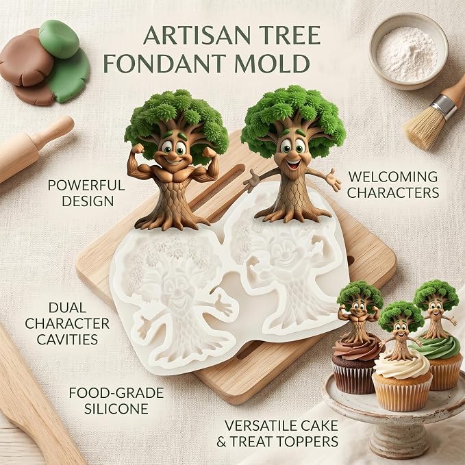 1Pc Cartoon Strong Tree Silicone Mold 2-Cavity Enchanted Forest Plant Cake Decorating Fondant Mold for Flexible Gum Paste Pastry Baking Tool Woodland Party Cupcake Toppers Chocolate