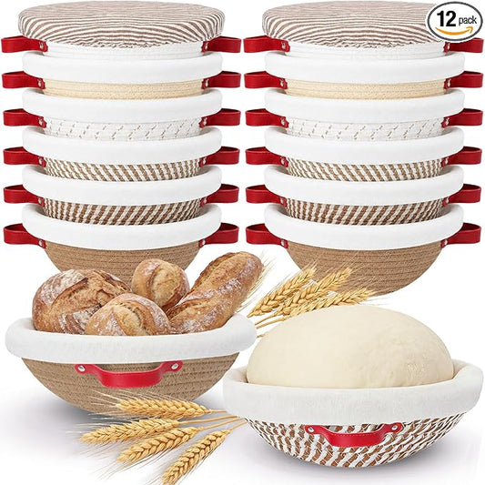 Gisafai 12 Set Banneton Bread Proofing Baskets Bulk 9 Inch Round Cotton Rope Artisan Sourdough Bread Banneton Dough Proofing Bowls with Cloth Liners and Covers for Homemade Baking Bakery
