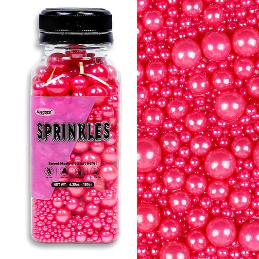 Pink Pearl Sprinkles for Cake Decorating, Edible Pink Sugar Pearl Sprinkles, Cake Decorations, Cupcake Toppers, Ice Cream, Wedding Party Birthday Supplies, 180g/6.35oz