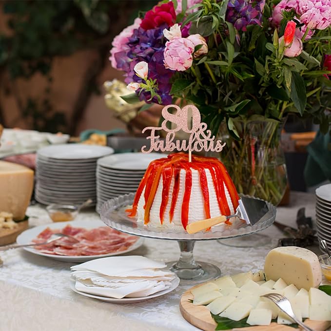 1 PCS 80 & Fabulous Cake Topper Glitter Eighty and Fabulous Cake Toppers Happy 80th Birthday Cake Pick for 80th Wedding Anniversary Birthday Party Cake Decorations Supplies Rose Gold