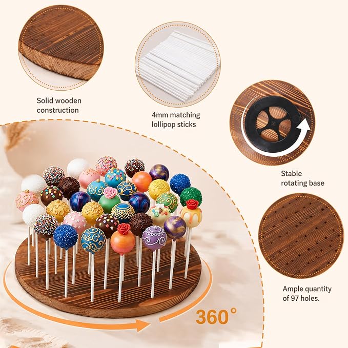 Revolving Cake Pop Holder with 100 Sticks, 97-Hole Wood Lollipop Holder with Rotatable Base, Lollipop Table Display Stand, Round Cake Pop Drying Stand, for Wedding Birthday Holiday Parties Decor