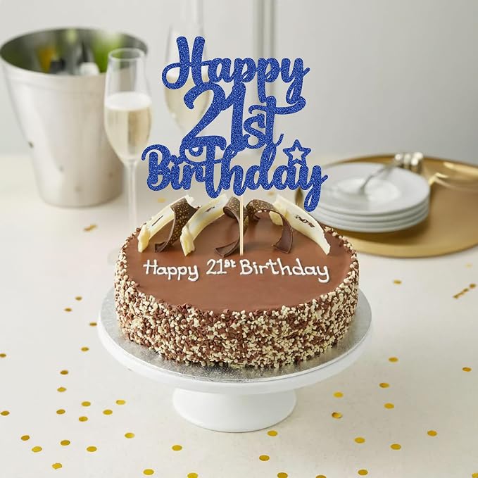 Gyufise 1Pc Happy 21st Birthday Cake Topper Glitter 21 & Fabulous Cheers to 21 Years Old Birthday Cake Pick for Celebrating 21st Anniversary Party Cake Decorations Blue
