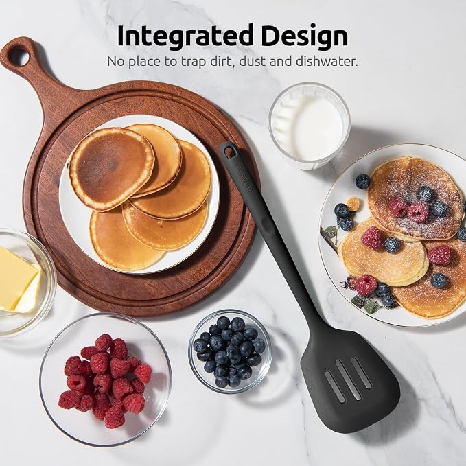600ºF Heat Resistant Slotted Turner: U-Taste 13.6in Silicone Kitchen Spatula Flipper, 3.74in Wide Food Grade Flexible Thin Rubber Cooking Utensil for Egg, Pancake, Cookie in Nonstick Cookware (Black)