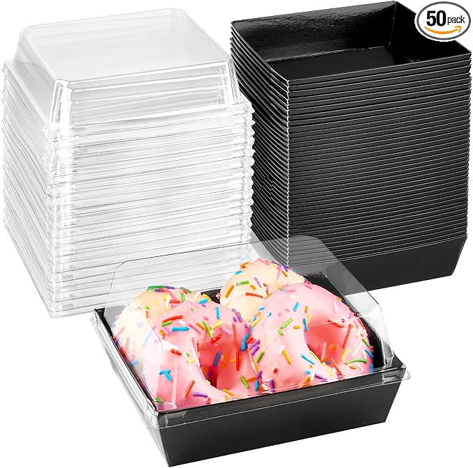 Ocmoiy Small Charcuterie Boxes with Clear Lids, To Go Paper Disposable Food Containers, 5 Inches Bakery Dessert Boxes for Sandwich, Cookie, Pastry, Cake Slice (Black, 50ct)