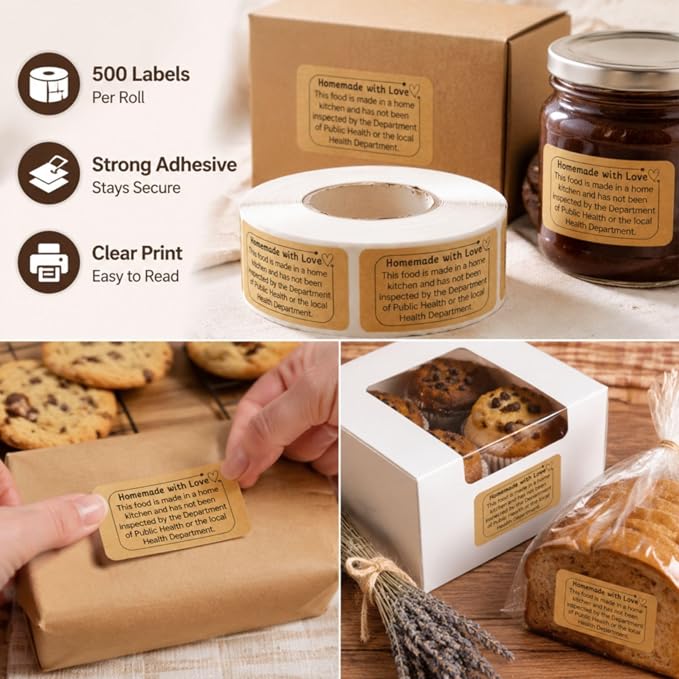 500PCS Cottage Food Law Labels Stickers, 2" x 1" Homemade Food Labels for Baked Goods, Cottage Law Labels for Home Bakery Supplies