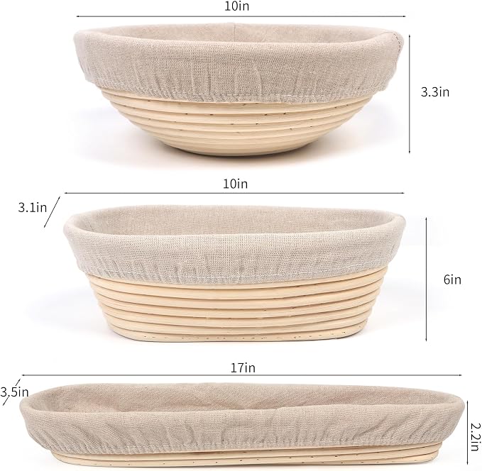 Banneton Bread Proofing Basket Set, 11 Inch Sourdough Proofing Basket and Bread Baking Supplies-Bread Lame, Danish Whisk, Bowl & Dough Scraper, Brush, (3 Bread Proofing Baske and Jar)