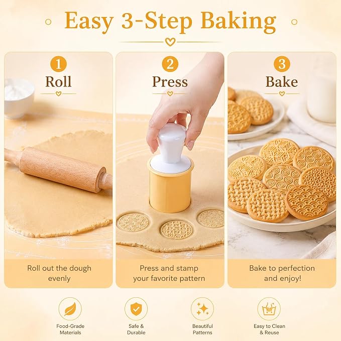 Silicone Cookie Stamps Set for Baking - Geo Geometric Figure Cookie Stamps with Handle and 6 Silicone Stamps High Heat Resistant to 480°F Yellow Color | Geometric stamp patterns; 2.75 in round cutter; compact nesting case for baking, fondant and biscui...