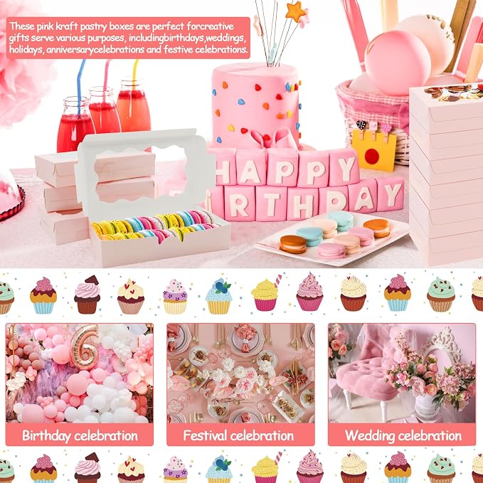 60Pcs 7 x 4 3/8 x 1½ Inch Cookie Boxes with Clear Window Small Pink Cookie Boxes Bakery Treat Boxes for Dessert, Donuts, Pie, Candy, Macaron