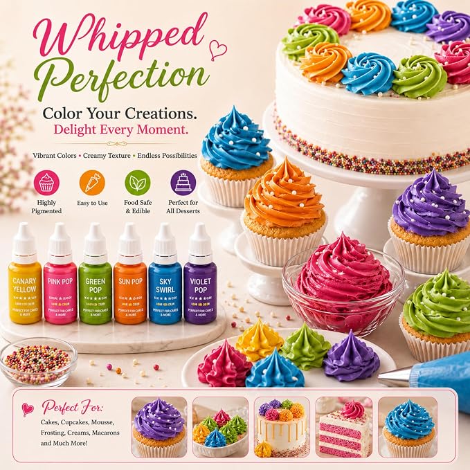 Confect Party Brights Water Color Food Coloring Set – Highly Pigmented Oil Based Food Colors for Cakes, Buttercream, Drinks, Popsicles & Baking – 6 Pack × 10mL