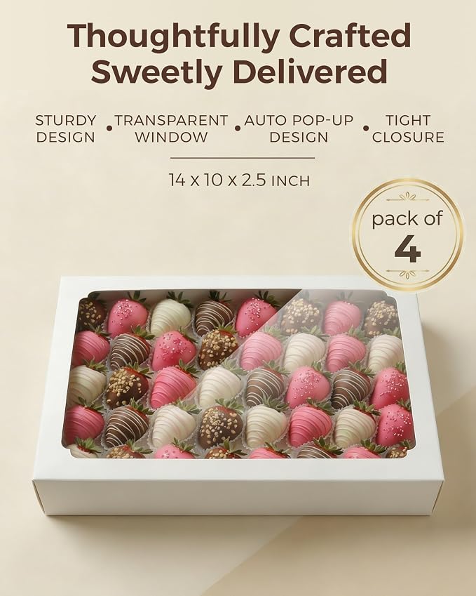 4pcs Cookie Boxes with Window 14x10x2.5 inch, Large Bakery Boxes, Auto-Popup Treat Box for Desserts, Chocolate Covered Strawberries, Breakable Heart, Pastries, Cajas Para Postres with 80 Stickers