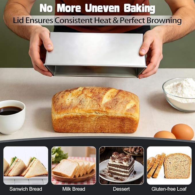 Pullman Loaf Pan with Lid, 13x4 inch, 2.2lb Uncoated Sandwich Bread Pan,Heavy-Duty Aluminized Steel Toast Box with Cover for Homemade Sourdough Bread
