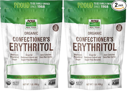 NOW Foods, Organic Confectioner's Erythritol Powder, Replacement for Powdered Sugar, Zero Calories, 1-Pound (Packaging May Vary) (Pack of 2)