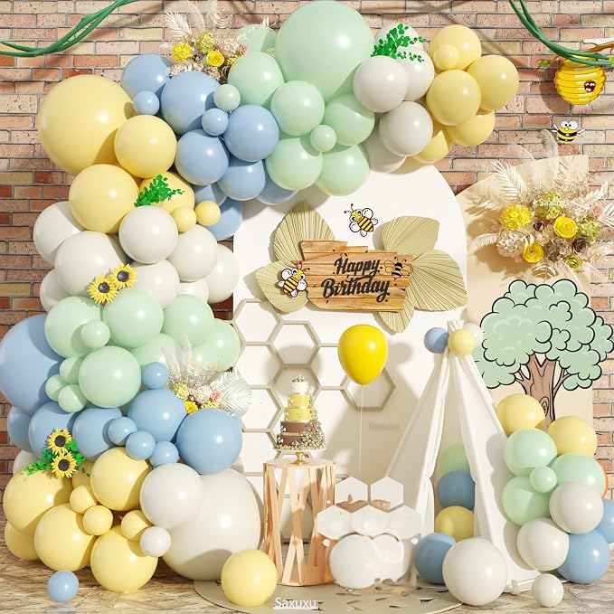Pastel Green Blue Yellow Balloon Arch Kit, Green Blue Yellow Balloons garland Arch Kit, Ivory White Balloons For Bear Theme Birthday Baby Shower Honey Party Wedding Anniversary Engagement Decorations
