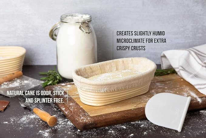 Kook Banneton Bread Proofing Set, Artisan Sourdough Bread Making Kit, 9.8 Inch Rattan Baskets and Liners, Metal & Plastic, Scrapers, Scoring Lame & Case, 4 Extra Blades, Set of 2, Oval
