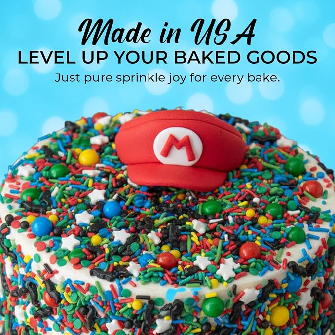 BakeBright Super Mario Sprinkles - Edible Super Mario Birthday Decorations for Vibrant Cake Cupcake Toppers Mario Luigi Toad Themed Celebrations Star & Mustache Sprinkles, Made in USA