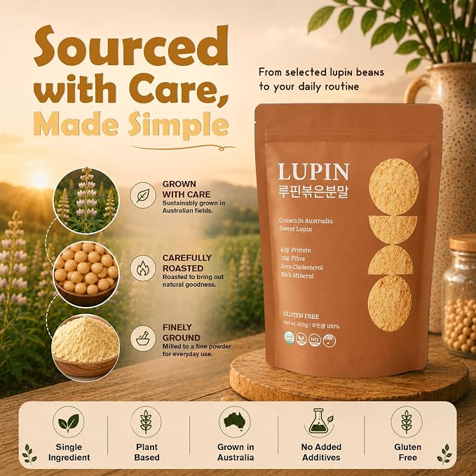 Lupinery Roasted Lupini Beans Flour Powder | 100% Australian Lupin 400g | High Protein Gluten Free Flour Alternative | Low Carb Plant Based Ingredient for Bread Smoothies Cooking and Baking