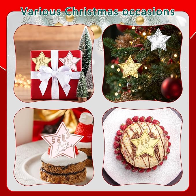 Wootkey 36 PCS Christmas Cupcake Toppers Acrylic Mirror Star Little Star Cake Decorations for New Year Christmas Party Supplies