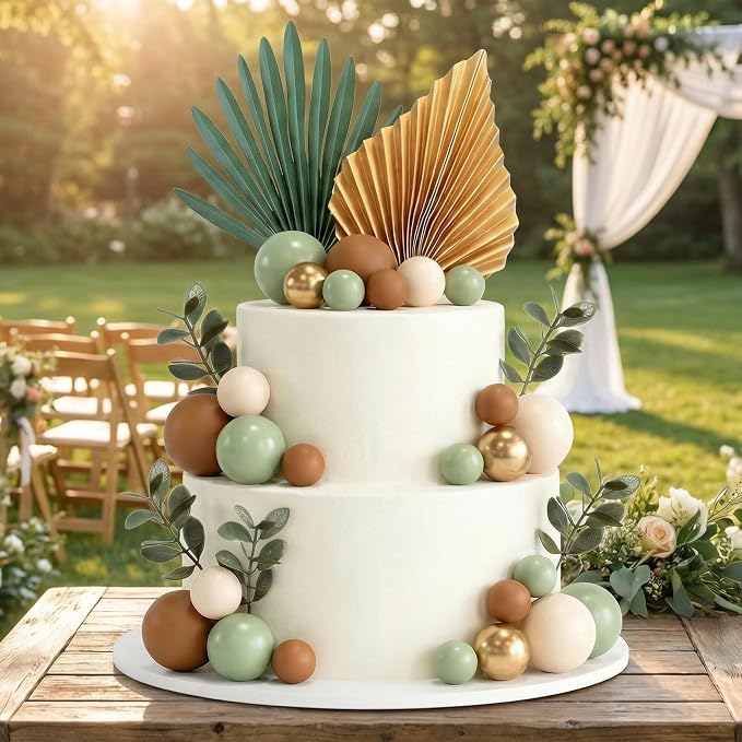 38 PCS Balls Cake Toppers Palm Leaves Cake Decorations for Birthday Wedding Baby Shower Party Supplies Mother's Day （Sage Green）