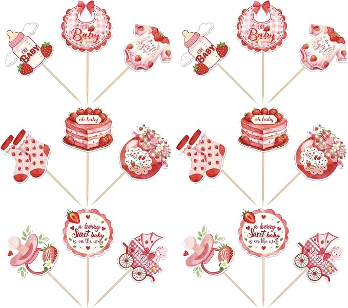 36 Pack Baby Shower Cupcake Toppers Double SidedBaby Bear Socks Clothes Strawberry Cupcake Picks A Berry Sweet Baby On The Way Cake Decorations for Gender Reveal Birthday Party Supplies