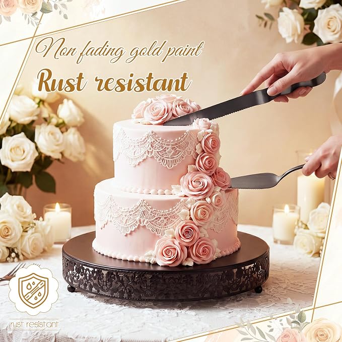 Wenqik 16 Inch Black Cake Stand Set Metal Round Cupcake Dessert Stand with Cake Cutting, Flower Spatula Wedding Cupcake Pastry Display Candy Holder Display for Wedding Party Birthday Baby Shower