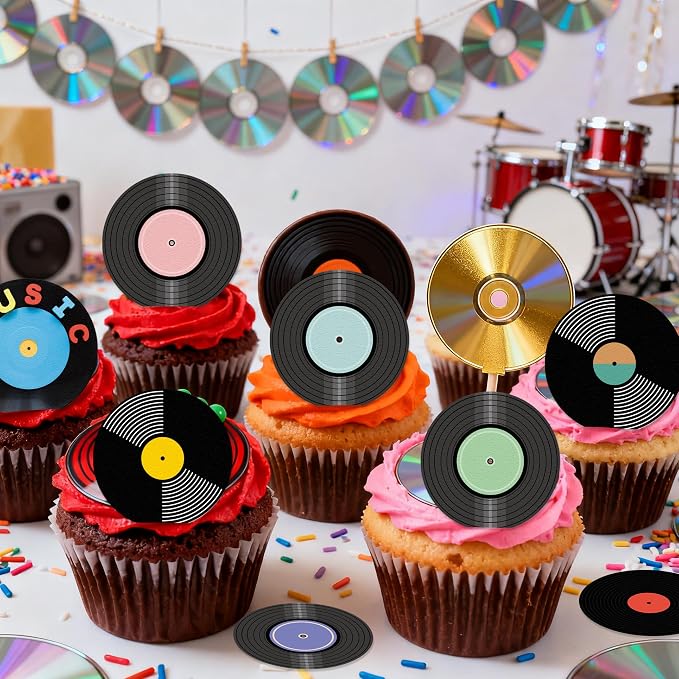 36PCS Edible Record Cupcake Toppers Wafer Paper Record CD Cupcake Picks Rock and Roll Party Decorations for Retro Vinyl Music Theme Birthday Baby Shower Supplies
