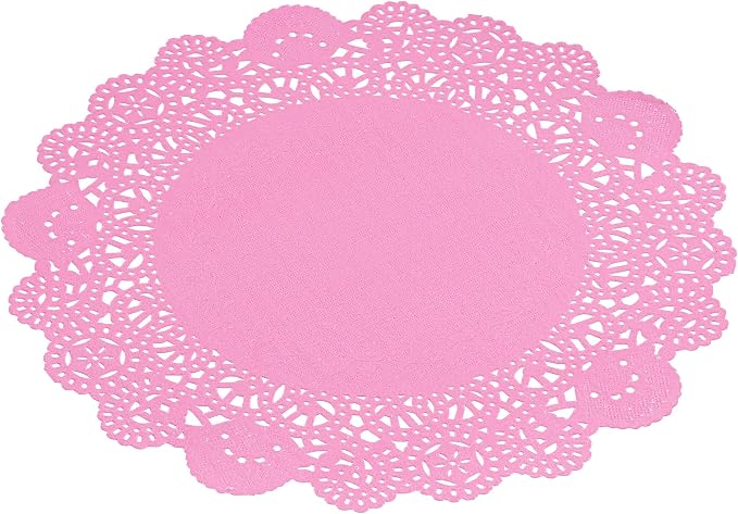 Pastry Tek 8 x 8 Inch Paper Lace Doilies, 100 Disposable Table Doilies - Elegant Lace Finish, Long Lasting, Pink Paper Doily, for Pastries, Cupcakes, Desserts - Restaurantware
