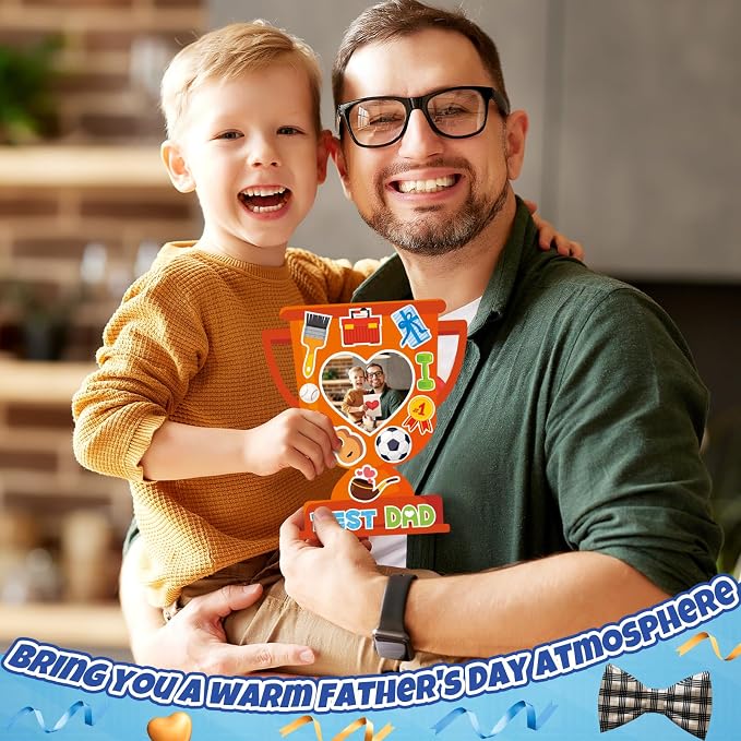 Dianelhall 24 Sets Father's Day Trophy Craft Kits I Love Dad DIY Photo Frame Best Dad Picture Frame Gift with Stickers for Happy Father's Day Decorations Classroom Holiday Party Activities(Trophy)