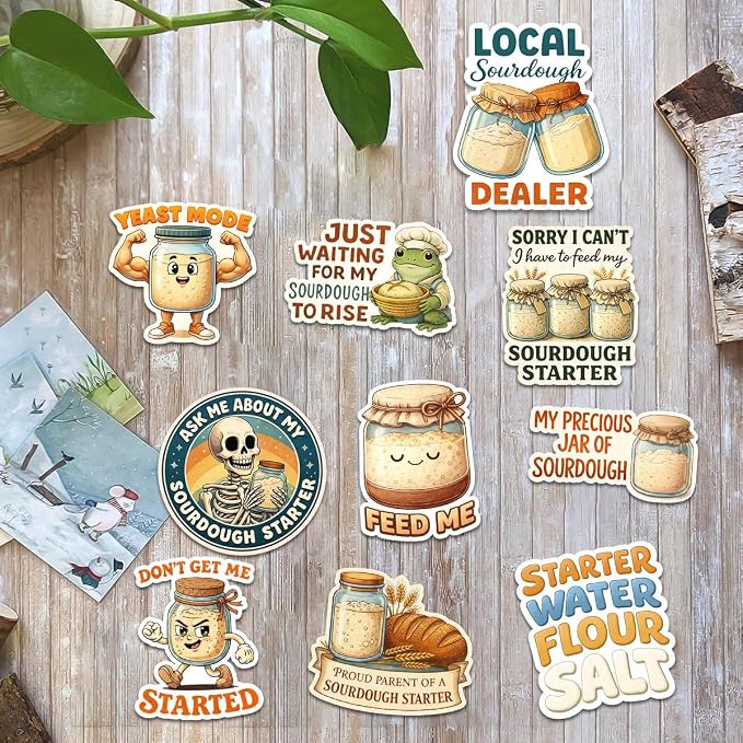 10pcs Sourdough Starter Sticker Pack,Baking Lover Baker Gift, Bakery Decoration for Jar Water Bottle Laptop Helmet Farm Stand Vehicles (Sourdough, 3in)