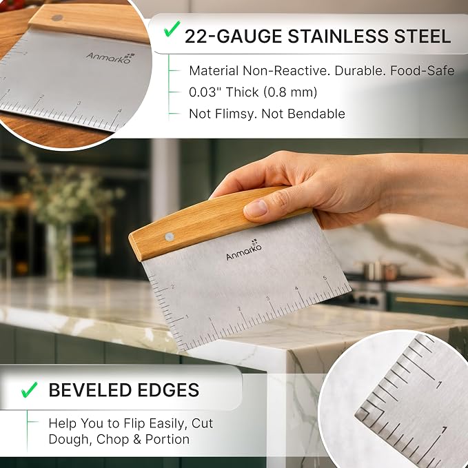 Dough Cutter for Bread and Pizza Dough - Stainless Steel Metal Griddle Scraper Chopper - Multipurpose Bench Scraper Kitchen Utensil for Flat Top Griddle - Commercial Quality
